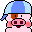 Pixel art pig character with blue helmet in three animation frames showing facial expression changes, displayed on a contact sheet grid.