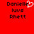 Red background with black pixelated text reading "Danielle luvS Rhett" and a white heart symbol replacing the 'e' in Danielle.
