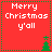 Red square icon with white text "Merry Christmas y'all" and green pixelated tree symbols in corners, bordered by green dotted lines.
