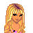 Pixel art contact sheet showing a female character in multiple frames with text overlay on pink background.