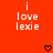 Red background with white text reading 'i love lexie' and two black pixelated hearts below the text.