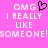Pixelated text on pink background with black heart symbol, displaying 'OMG I REALLY LIKE SOMEONE!SOMEONE!' in white block letters.