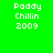 Four pixelated text display 'Paddy Chillin 2009' in white on green, teal, blue, and teal backgrounds