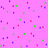 A split-screen icon with a pink background on the left and red-and-white concentric circles on the right, featuring scattered small colored squares.