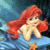 Pixelated cartoon character with long red hair and light skin, wearing a white top, floating above blue water with an orange starfish below against a gradient background.