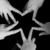 Black and white star with hands, pink-fingered hands forming a star on gray background, black outline stars on white background.