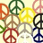 A static image of multiple peace symbols in various colors arranged on a light background.
