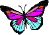Pixelated butterfly with pink, purple, and cyan wings on a gray background; black outline defines wing edges.