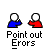 Pixelated cartoon figures in blue and red shirts point at each other under 'Point out Errors' text, with speech bubbles changing across frames.