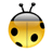 Pixelated yellow circular icon with black spots and antennae, resembling a ladybug or insect, on a gray background.