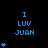 Blue pixelated text "I LUV JUAN" on black background with varying numbers of blue heart symbols in different positions.