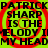 Static image with bright green background and red circular patterns overlaid with black text repeating 'PATRICK SHARP IS THE MELODY IN MY HEAD' in a