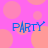 Pixelated blue text reading "PARTY" appears four times on a pink background with overlapping peach circles.