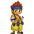 Pixel art character with brown spiky hair and blue headband, wearing yellow pants and orange vest, holding small object in right hand.
