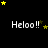 Black background with white 'Heloo!!' text repeated across three , yellow and brown stars scattered in motion across the frame