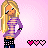 A 5x4 contact sheet of a pixel art animated icon featuring a blonde girl in a purple striped shirt and polka-dot pants, with heart symbols changing across frames on a pink background.