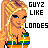 Animated contact sheet of 16 pixel-art frames showing two female characters with changing text overlays, arranged in a 4x4 grid on gray background.