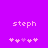 Purple background with white text 'steph' and five pink heart icons arranged horizontally below the text.