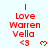 Red text and symbols on light blue background with gray bottom-right corner, showing repeated 'Love Warren Vella' text and heart icons in a