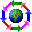 Six circular pixel art icons with a central Earth globe surrounded by rotating colored arrows in different configurations.