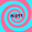 Four identical spiral patterns in cyan and pink with the text 'matt' at their centers, arranged in a on a solid background