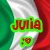 Italian flag background with red text reading 'Julia' and 'Jules' above heart symbols, and 'biggles' with a heart symbol below.