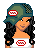 Pixel art of a person wearing green cap with red logo, white crop top with same logo, and green shorts; long dark hair, light skin tone.