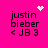A bright pink background displays four identical text blocks with 'justin bieber < JB 3' in black pixelated font, each with a distinct animated symbol above it.