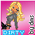 Pixelated icon of a blonde woman in gray pants and black boots against pink background with blue 'DIRTY' text.