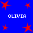 Blue background with red star shapes and white text reading OLIVIA repeated four times in a pattern