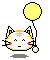 Pixel art contact sheet showing two frames of a cat-like mascot holding a yellow balloon with subtle facial expression changes between frames.