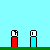 Pixel art animation of two vertical figures with red and cyan bodies, white heads, and black outlines, showing sequential changes in head position and cyan body height against a light blue background with text symbols above.