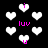 Pixelated white hearts and pink text 'luv', 'i', 'u' on black background with animated heart and text changes.