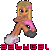 Pixelated character with blonde hair and blue eyes in a seated pose, wearing pink top and white shoes, next to vertical pink bars.