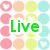 A static pixel art composition with green text 'Live', 'Laugh', and 'Love' over a of pastel circles containing hearts, moons, and smiley faces