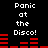 Black background with white pixelated text "Panic at the Disco!" repeated twice, red horizontal bar graphs below each text block.