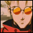 Pixelated anime-style character with orange-tinted glasses, red jacket, and light brown hair against a blurred background, next to black with white text