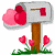 A pixelated animated icon featuring a white mailbox with red accents, pink hearts, and green grass on the left side, transitioning to a dark green background with bright green text reading "Original Icons .com" on the right side.