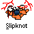 Pixel art of two orange figures with red lightning bolts above them, one holding a staff and the other wearing a blue chest piece, below text reading "Slipknot".
