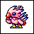 Pixel art character with pink body, blue accents, red beak-like nose, and green feet standing on white background next to black background with silver text "Anime IM" and "AIM".