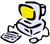 Pixelated cartoon figure in white and yellow helmet sits at desk with keyboard and mouse, showing two states: one with no text on helmet, one with 'IG' on yellow helmet section.