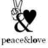 Black and white pixelated icon featuring a peace sign, ampersand symbol, heart shape, and partial text below.