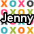 Pixelated icon with 'Jenny' and '<333' text over a of colored X and O shapes in orange, teal, pink, green, yellow, black, gray