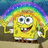 Yellow cartoon character with large eyes and a wide smile stands under a rainbow, holding hands in a pixelated style.