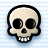 Pixelated skull icon with large black eye sockets, nasal cavity, and teeth against light blue striped background.
