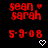 Red pixelated text 'sean sarah' with heart symbol above date '5-9-08', displayed in a of three and four on black background, transitioning between white heart and downward arrow symbols