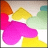 Pixelated icon with pink flower-like shape, yellow and green background elements, orange top-left corner, black text "Miley" on bottom right.