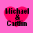 Four identical pink heart-shaped icons with black text "Michael & Caidin" on a solid pink background, arranged in a