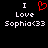Static pixel art displays 'I Love Sophia<33' with a red heart symbol replacing 'Love' on a black background.