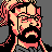 Pixelated static icon of a bearded man with glasses, rendered in red and beige tones against a gray background.